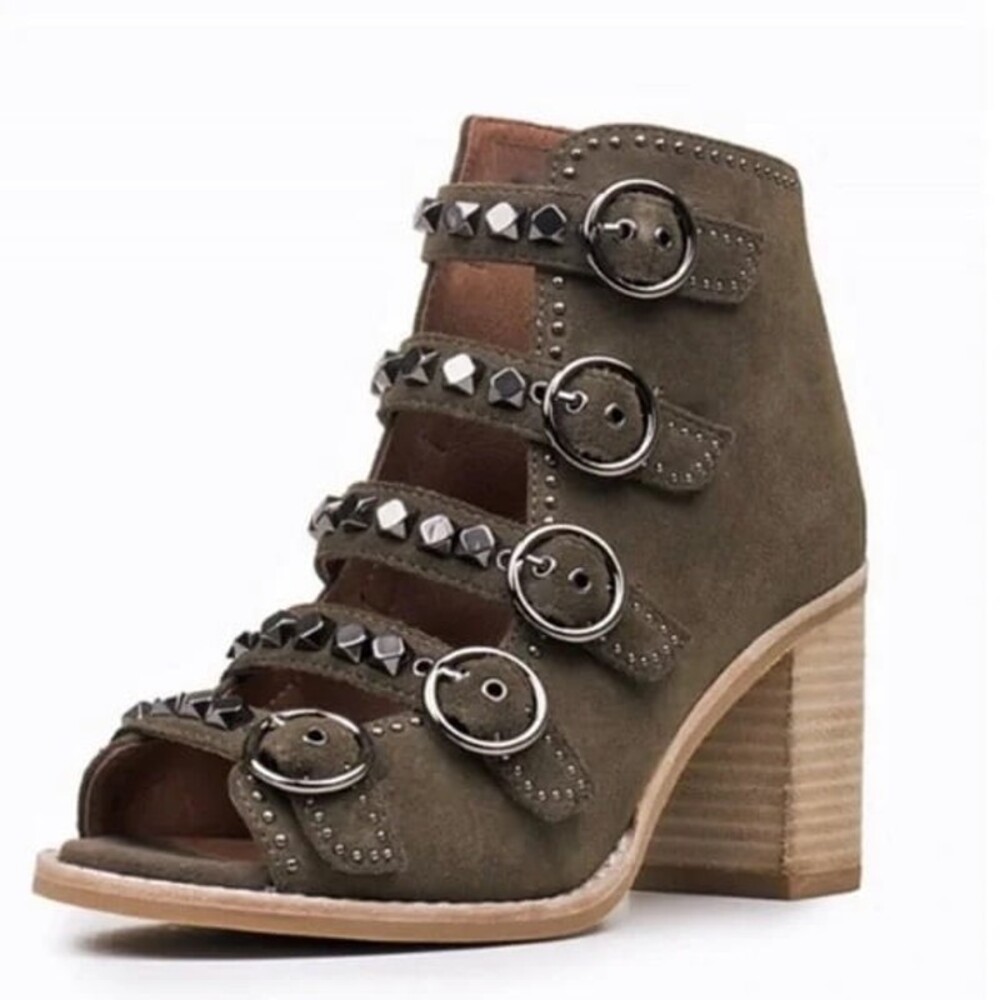 JEFFREY CAMPBELL BESS - TAUPE SUEDE STUDDED BUCKLE STRAP SANDAL BOOTIE - Picture 10 of 11
